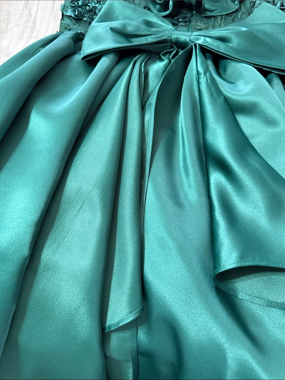 Bonnie Jean Emerald Green Ruffle Floral Satin Dress - Picture 9 of 13